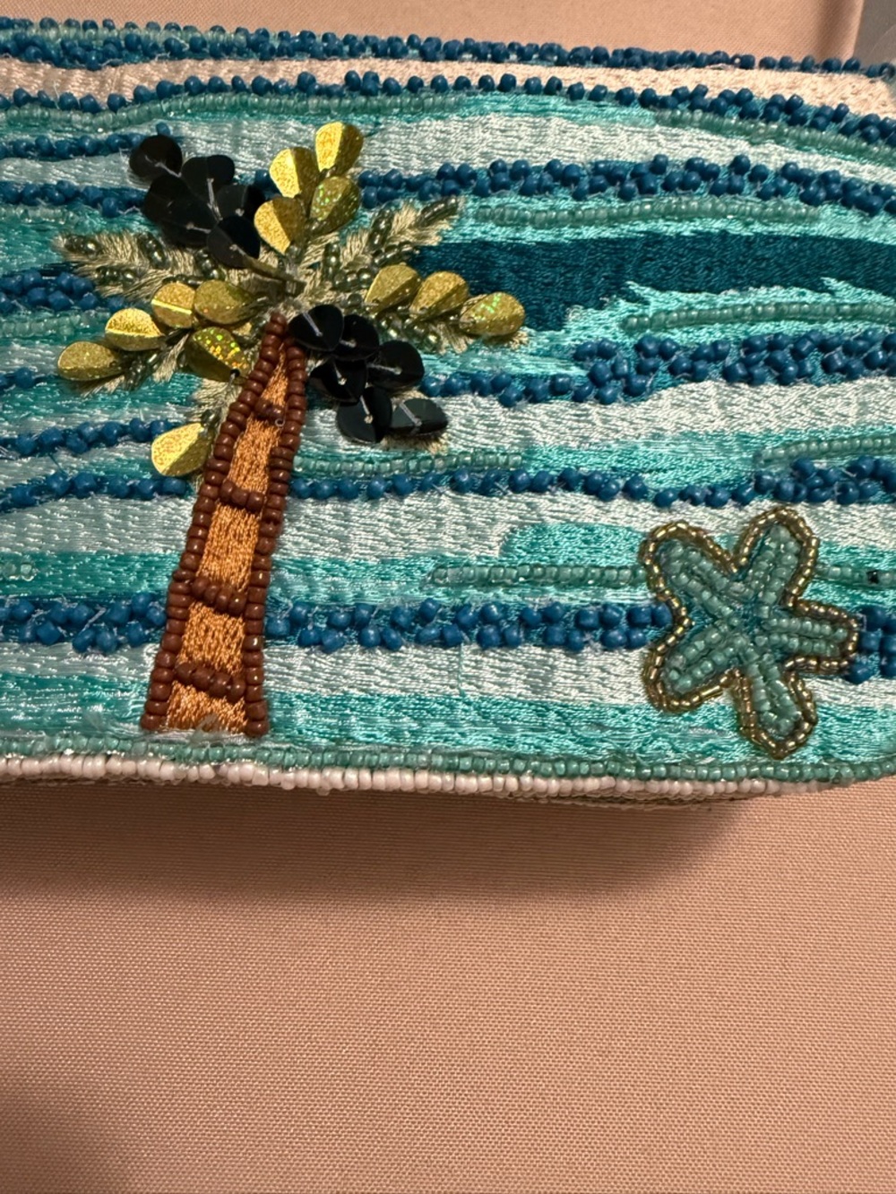 India Beaded Bag Turquoise Ocean Beach Surf Boards & Palm Tree - Picture 8 of 9